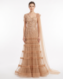 Asymmetric Gown with Pearl & Crystal Embroidery and Side Drape