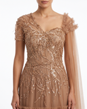 Asymmetric Gown with Pearl & Crystal Embroidery and Side Drape