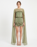Sage Green Two-Piece Set with Cape Sleeves and Sculptural Pleated Ruffles