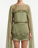 Sage Green Two-Piece Set with Cape Sleeves and Sculptural Pleated Ruffles