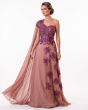 Dusty Mauve Asymmetric Crystal-Embroidered Gown with Chiffon Cape