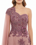 Dusty Mauve Asymmetric Crystal-Embroidered Gown with Chiffon Cape