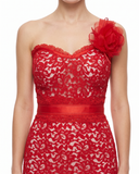 Scarlet Floral Lace Midi Dress with Rose Detail