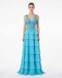 Turquoise Gown with Tiered Layers and Crystal Embroidery
