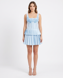 Sky Blue Corseted Mini Dress with Floral Lace and Tiered Pleated Skirt