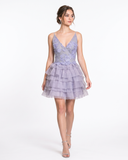 Lavender Mini Dress with Embroidered Lace and Tiered Ruffles