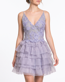 Lavender Mini Dress with Embroidered Lace and Tiered Ruffles