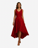 VESTIDO ROJO CON BORDADO FLORAL 3D Y FLECOS