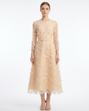 Champagne Botanical Embroidered A-Line Midi Dress with 3D Silk Petals