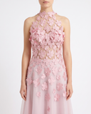 Pastel Pink 3D Floral Lace Halter Evening Gown with Tulle Skirt