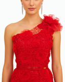 VESTIDO ROJO LARGO CON VOLADOS