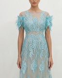 Tiffany Blue Botanical Embroidered Lace Evening Gown with Crystal Accents and Feather Trim