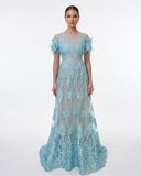 Tiffany Blue Botanical Embroidered Lace Evening Gown with Crystal Accents and Feather Trim