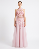 Pastel Pink 3D Floral Lace Halter Evening Gown with Tulle Skirt