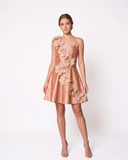 Bronze Asymmetric Mini Dress with 3D Sculptural Flowers