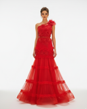 VESTIDO ROJO LARGO CON VOLADOS