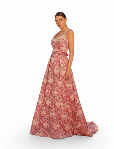 Vestido en Brocato Estampado y Perlas