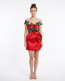 Red Floral Brocade Mini Dress with Sculptural Drape and 3D Accent