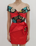 Red Floral Brocade Mini Dress with Sculptural Drape and 3D Accent