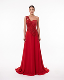 Crimson Majesty – One-Shoulder Guipure & Fluid Chiffon Red Gown
