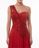 Crimson Majesty – One-Shoulder Guipure & Fluid Chiffon Red Gown